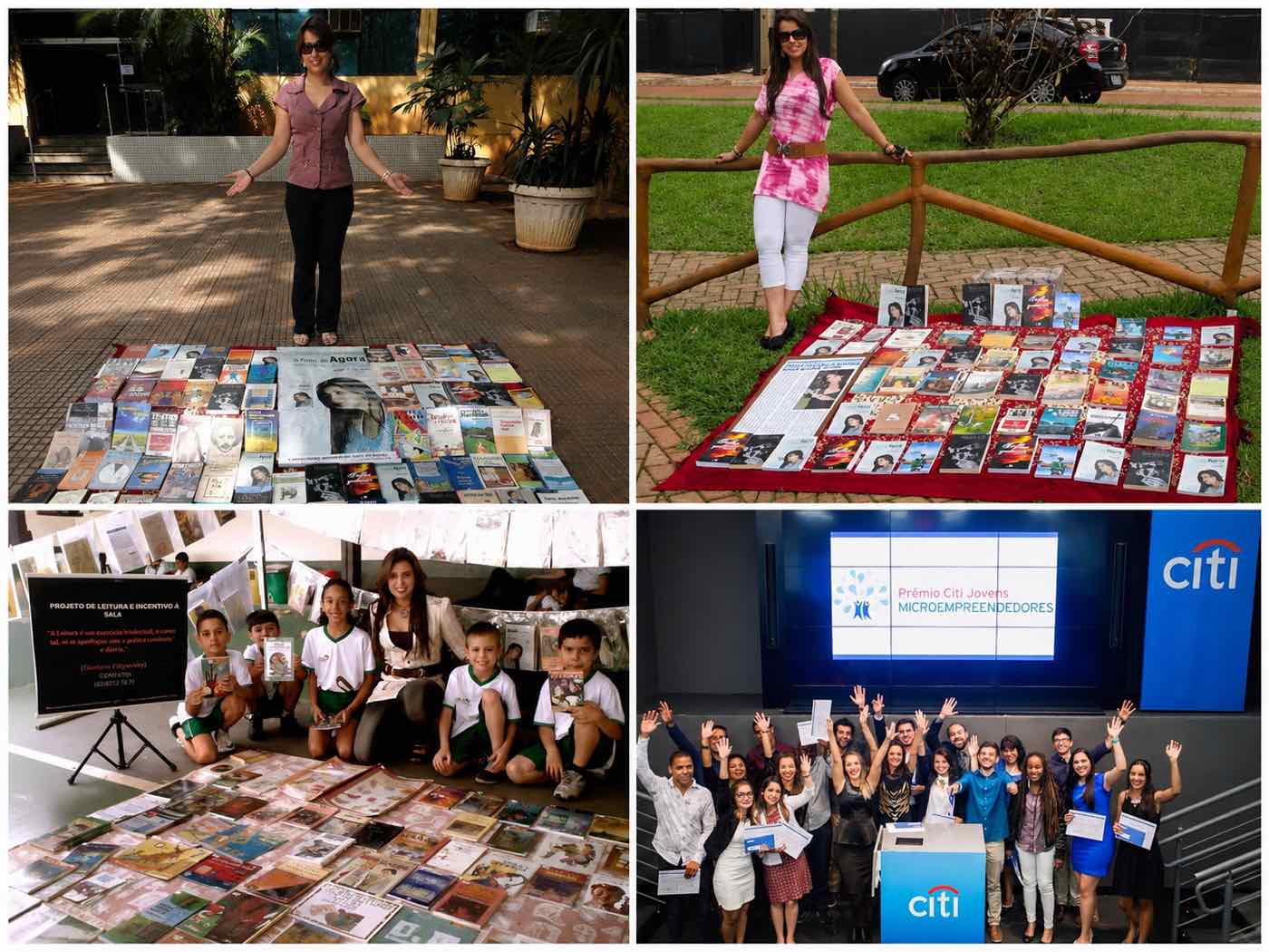 Lorene Patigra® em projetos de leitura e incentivo à literatura, e recebendo o Prêmio Citi Jovens Microempreendedores