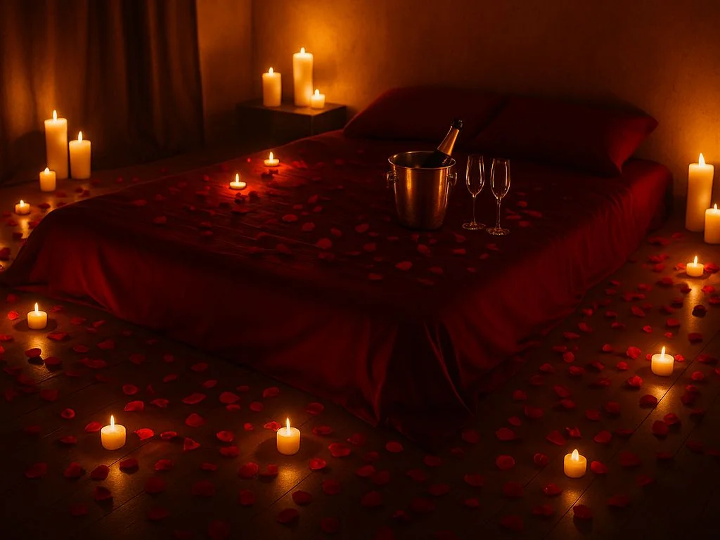 Cama romântica com lençol vermelho, rosas espalhadas e luz âmbar, simbolizando fantasias sexuais, libido intensa e orgasmos múltiplos.