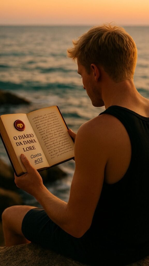 Jovem na praia lendo o diário da Dama Lore, carta 3