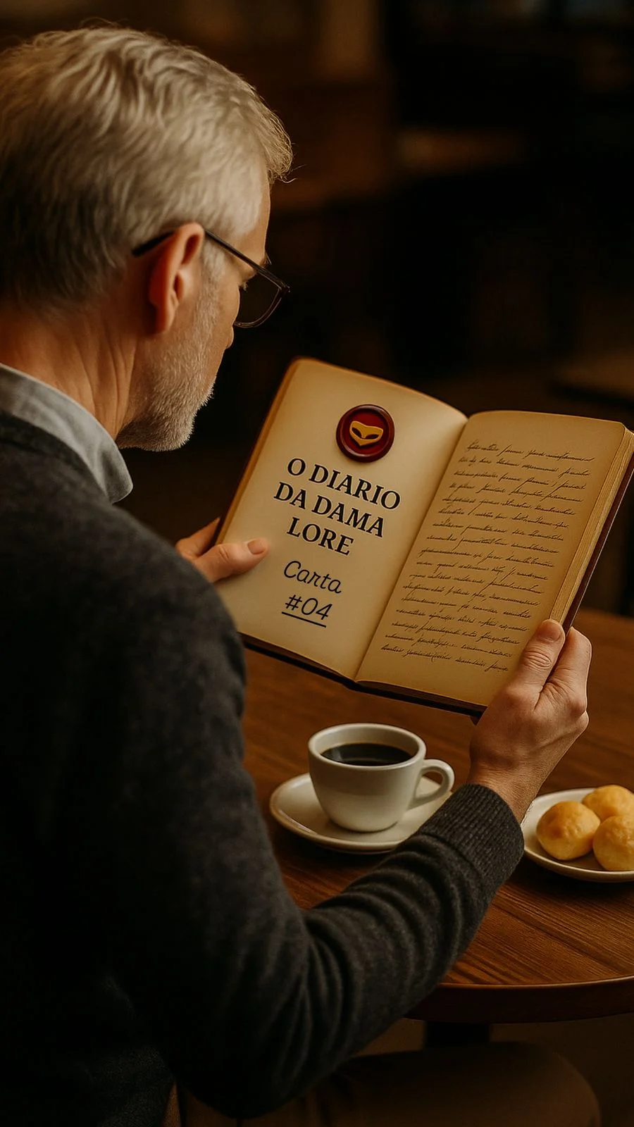 Senhor em cafeteria lendo sobre sexo sem presença na Carta 4 do Diário Íntimo da Dama Lore de Lorene Patigra.