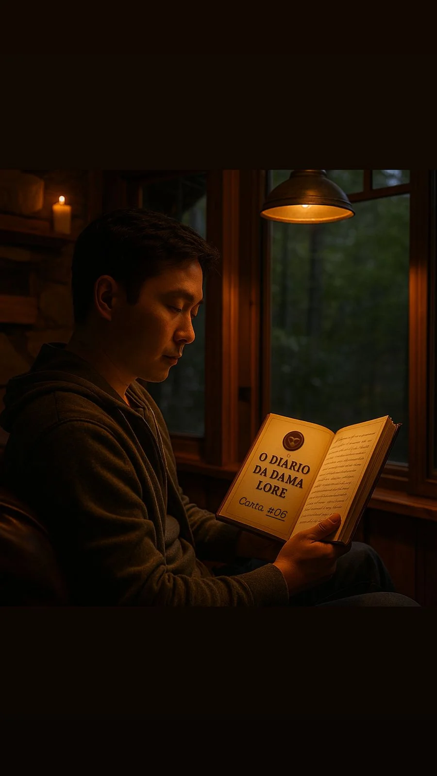 Homem asiático lendo a Carta 6 do Diário da Dama Lore, sobre nova fantasia sexual, presença masculina e intimidade verdadeira.