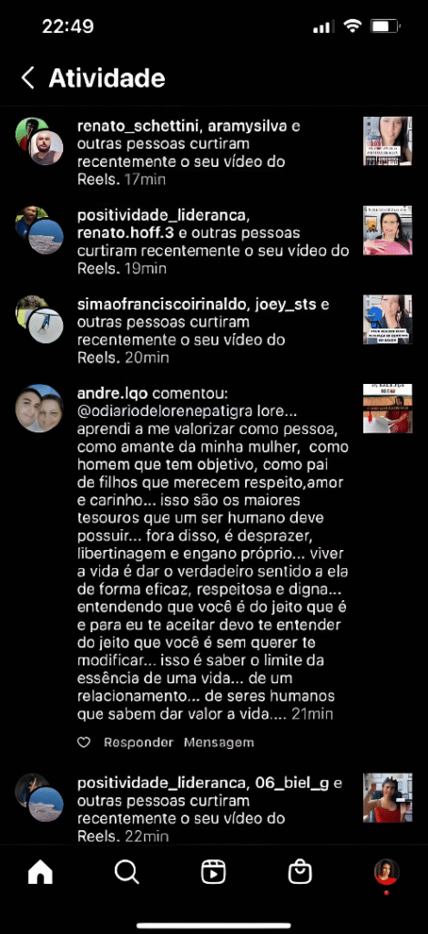 Seguidores de Lorene Patigra no Instagram agradecem pelos resultados e transformações que vêm vivendo.