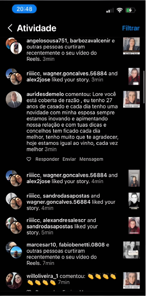 Homens agradecem a Lorene Patigra por conteúdos que despertam força, clareza e consciência em suas vidas.