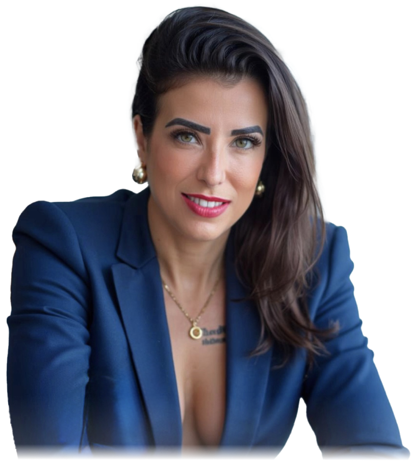 Lorene Patigra em retrato profissional, vestindo blazer azul, transmitindo confiança, elegância e autoridade
