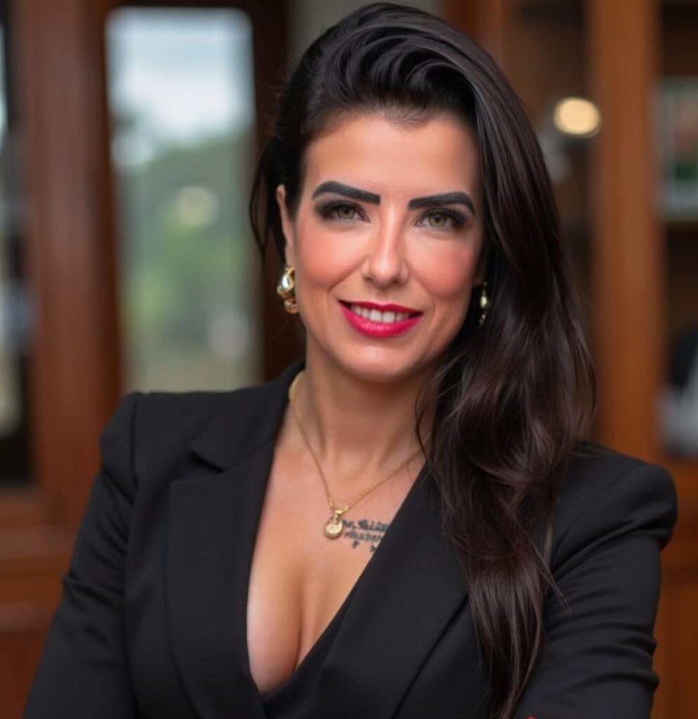 Lorene Patigra com postura executiva e sedutora, autoridade no universo masculino e transmutação