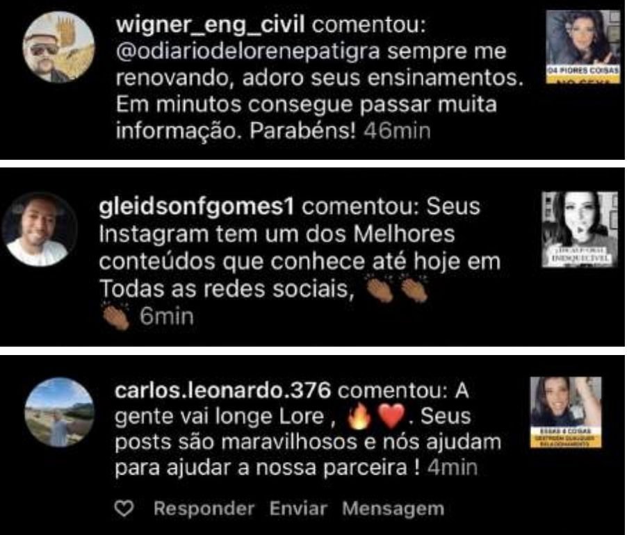 Print de mensagem com elogios à dedicação e conhecimento da especialista Lorene Patigra.