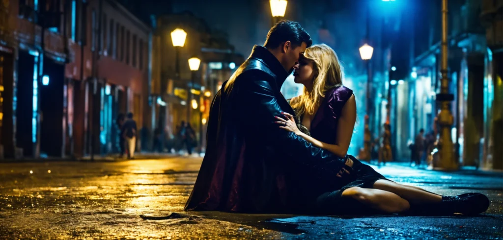 Casal se beijando sentado no meio da rua, expressando entrega, ousadia e conexão emocional ligada à fantasia sexual e intimidade