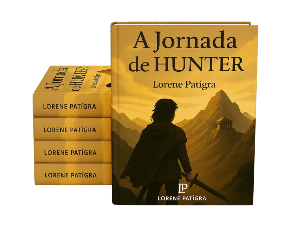 Capa do livro A Jornada de Hunter, de Lorene Patígra, exibindo um jovem em uma paisagem simbólica de autoconhecimento e aventura