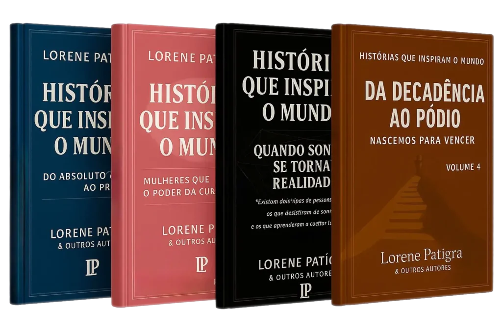 Imagem da coleção de livros Histórias que Inspiram o Mundo, da escritora Lorene Patígra, volumes: 1, 2, 3 e 4