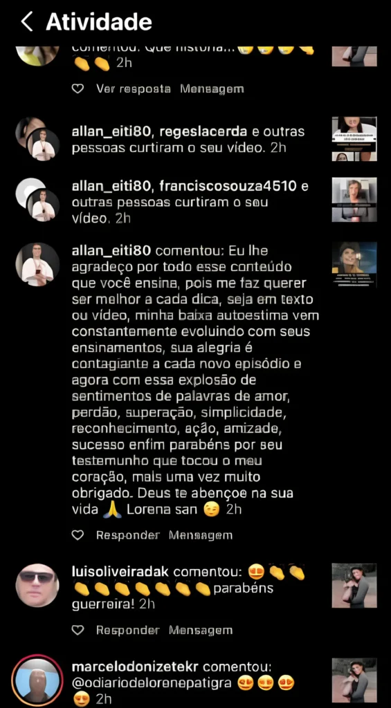 Homens de todo o Brasil deixam comentários de gratidão pelas lições poderosas de Lorene Patigra no Instagram.