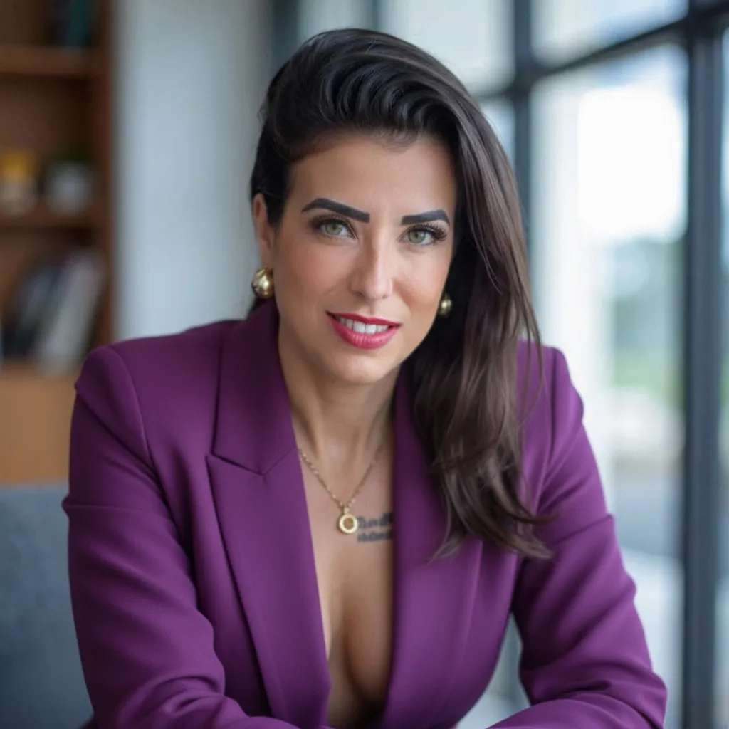 Lorena Patigra vestido de terno executivo de cor roxo