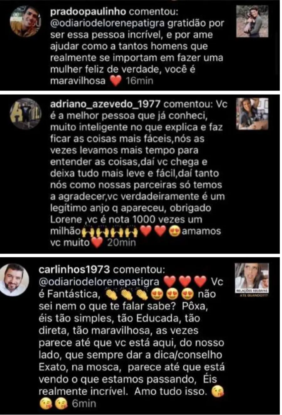 Depoimento postado no Instagram enaltecendo o trabalho inspirador de Lorene Patigra.