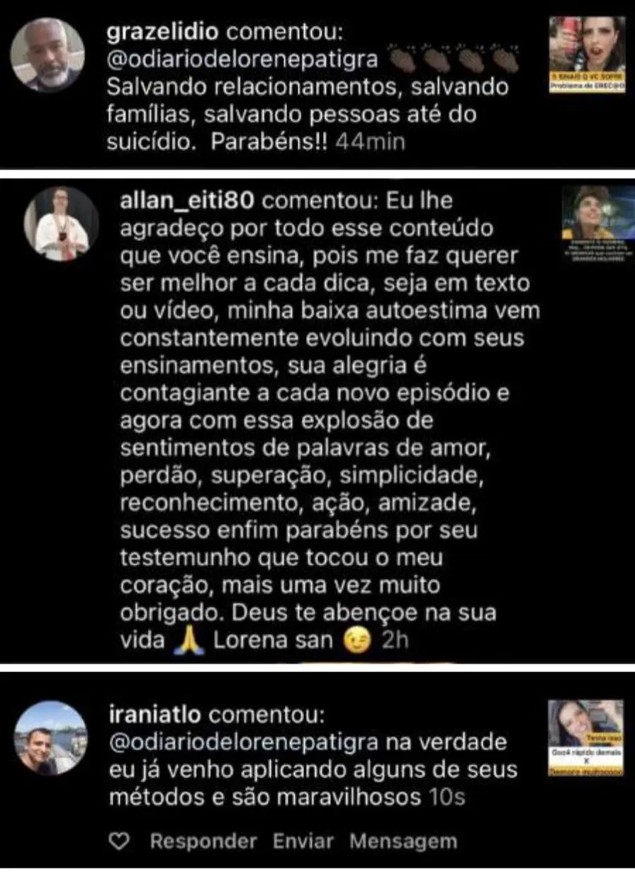 Mensagem reconhecendo a ajuda prática e emocional recebida através das orientações de Lorene.