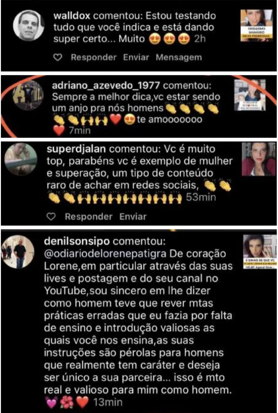 Feedback positivo sobre os conteúdos de Lorene Patigra, destacando sua transformação de vidas.