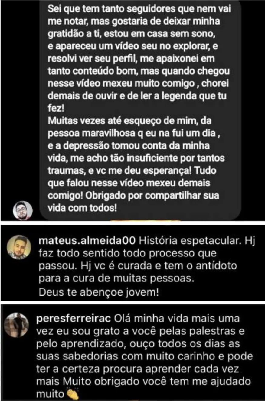 Feedback no Instagram validando o trabalho de transformação proposto por Lorene Patigra.