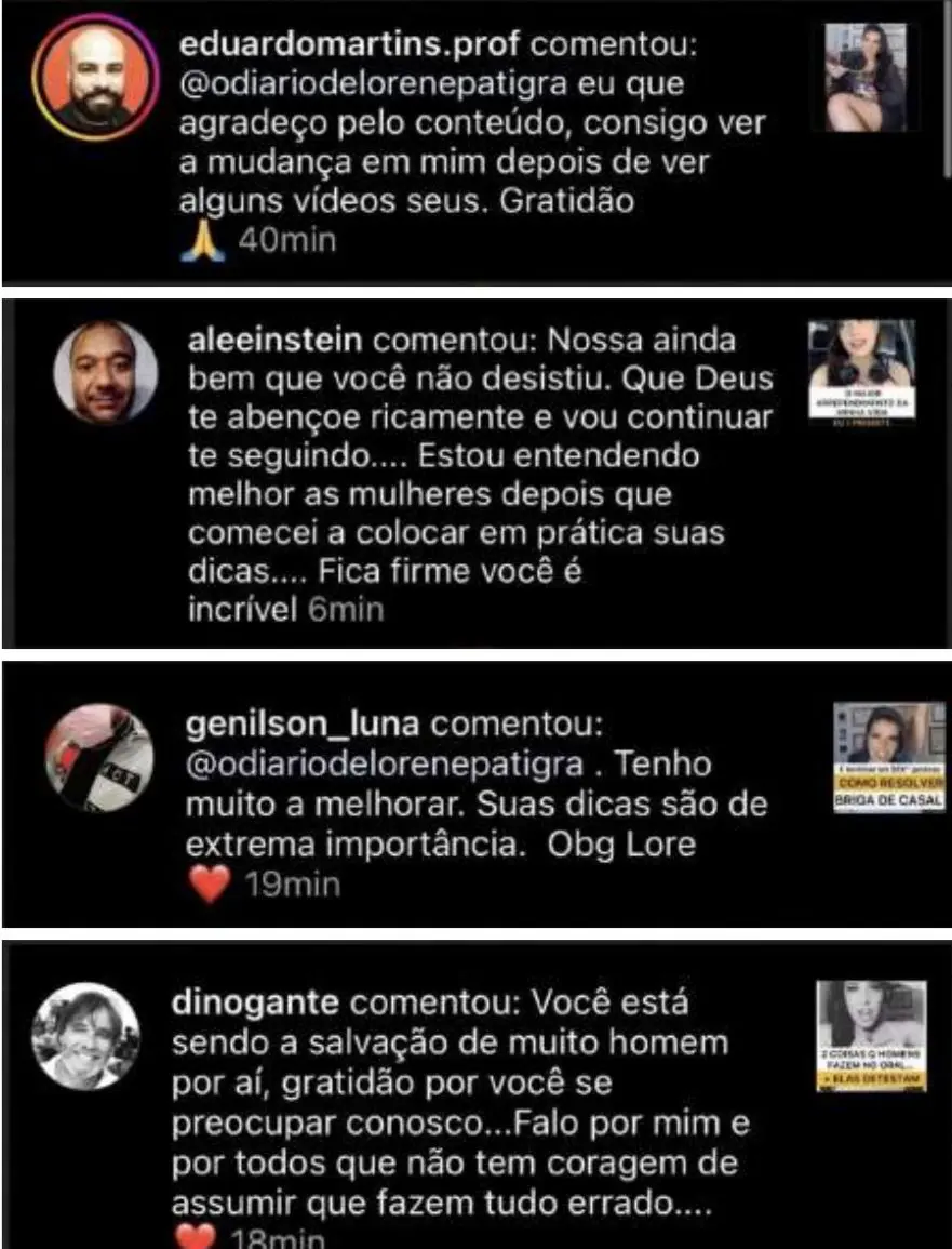 Relato enviado à conta da Professora dos Homens agradecendo por evolução e bem-estar.