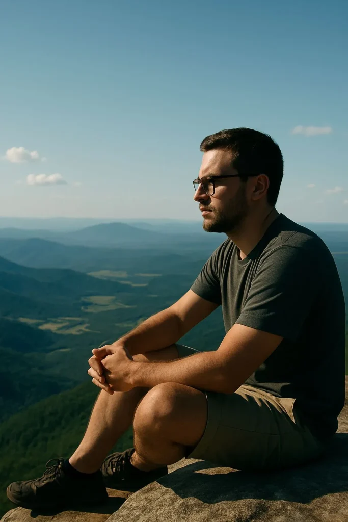 Homem sentado no topo da montanha refletindo sobre solidão e cura emocional