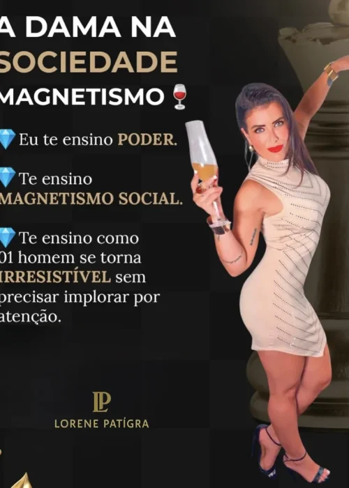 Imagem de Lorene Patigra elegante com taça na mão, representando magnetismo social e presença marcante.