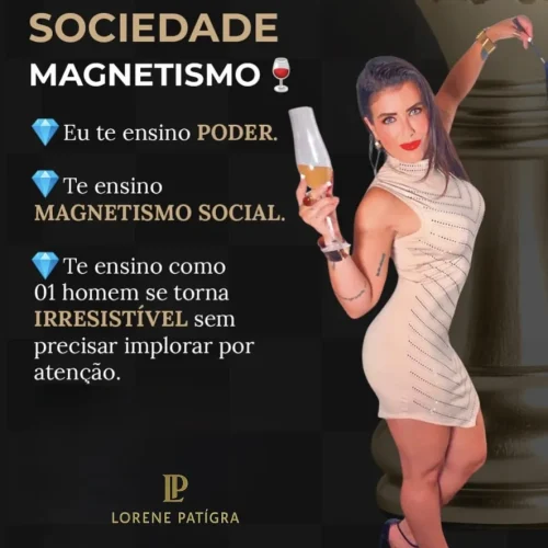 Imagem de Lorene Patigra elegante com taça na mão, representando magnetismo social e presença marcante.