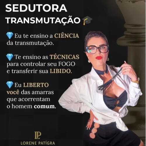Imagem de Lorene Patigra como professora sedutora, com óculos e postura firme, ensinando ciência e transmutação.